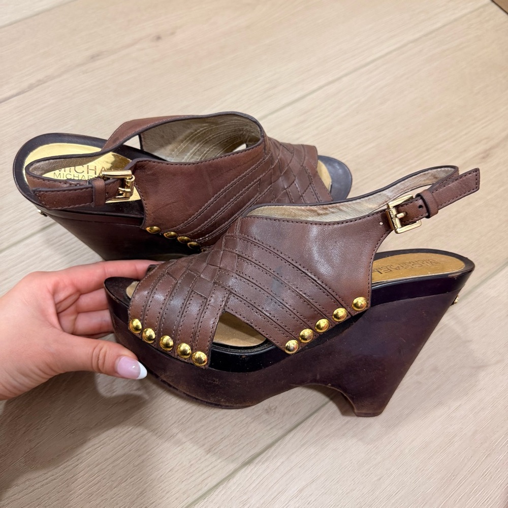 Michael Kors Woven Harlow Brown Wedges with Gold Accents